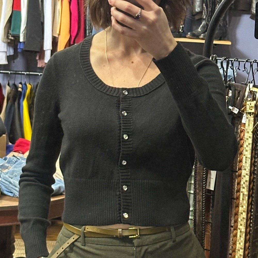 Delias Y2K Black Cropped Cardigan Rhinestone Buttons Soft Cozy Knit Size L